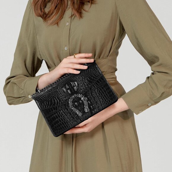 ⚡ Women's Crocodile Black Snake Leather Print Casual Satchel Crossbody Handbag - Picture 1 of 7